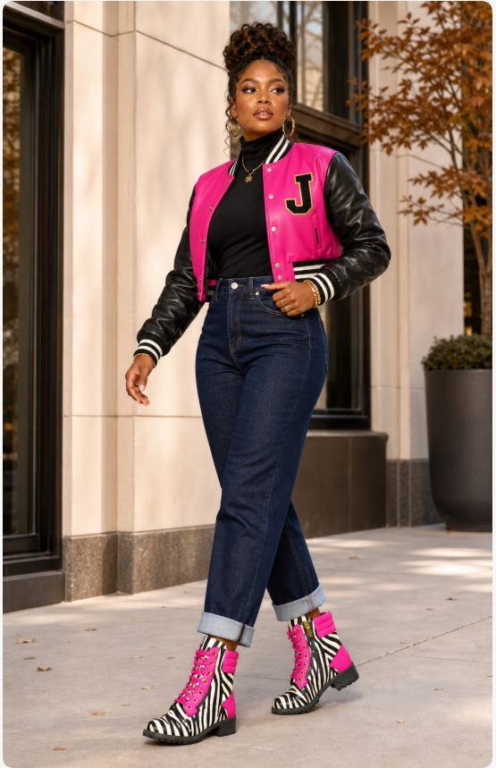 Pink Python Reloaded zebra and pink boots styled casually with dark denim and a pink varsity jacket