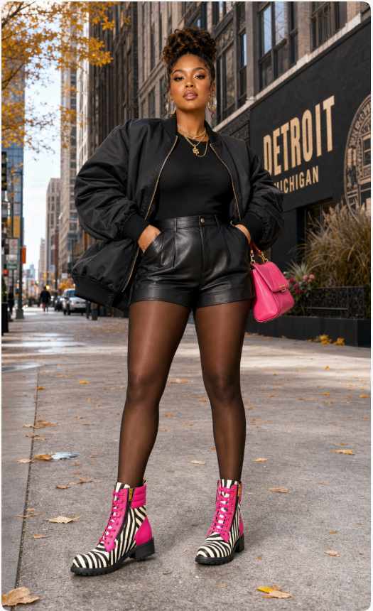 Pink Python Reloaded zebra and pink boots styled with black leather shorts in a Detroit street fashion editorial